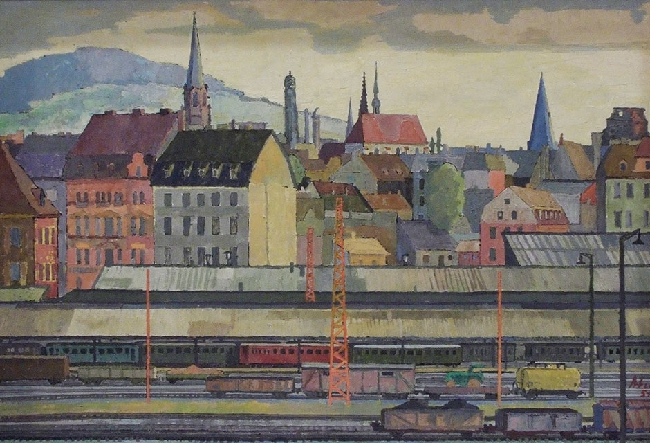 Willibald Blum, Ansicht des Aschaffenburger Bahnhofs, 1957